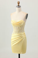 Load image into Gallery viewer, Yellow Strapless Tight Short Corset Prom Dress with Lace