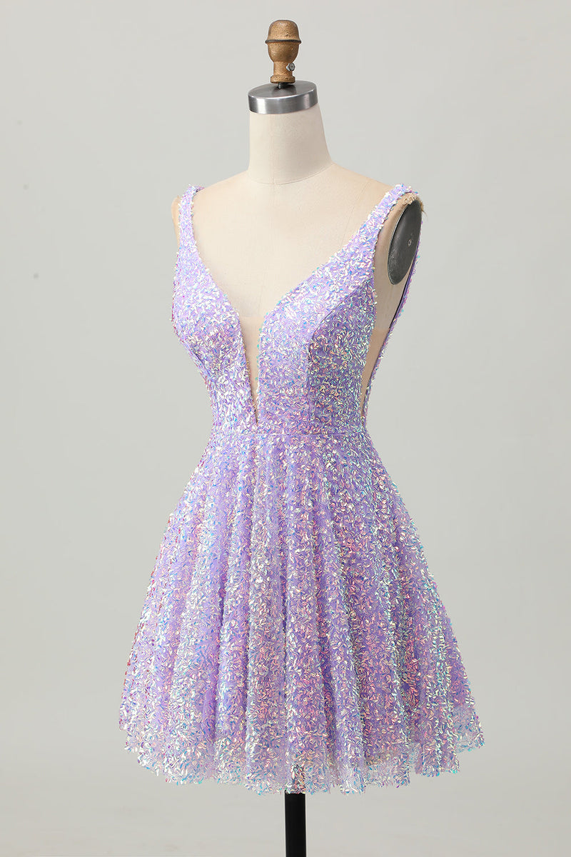 Load image into Gallery viewer, Sparkly Lilac V-Neck Sequin Short Prom Dress