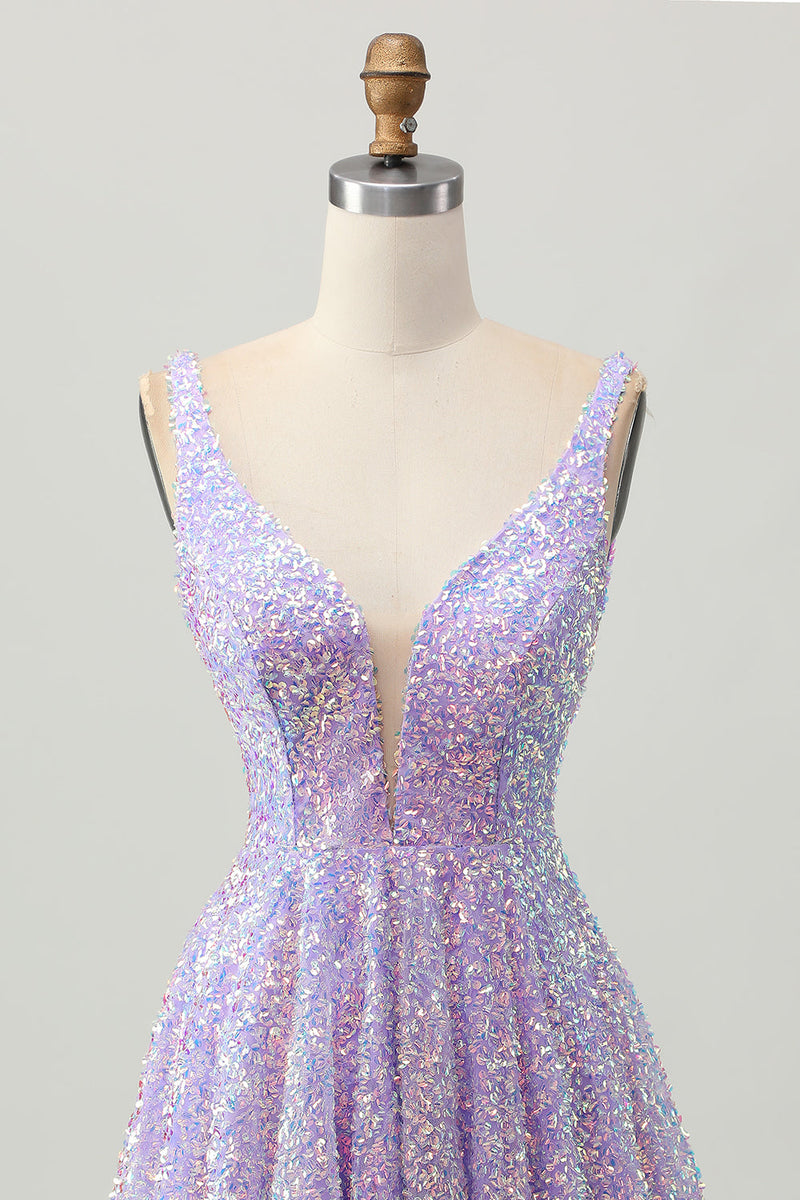 Load image into Gallery viewer, Sparkly Lilac V-Neck Sequin Short Prom Dress