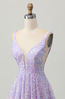 Load image into Gallery viewer, Sparkly Lilac V-Neck Sequin Short Prom Dress