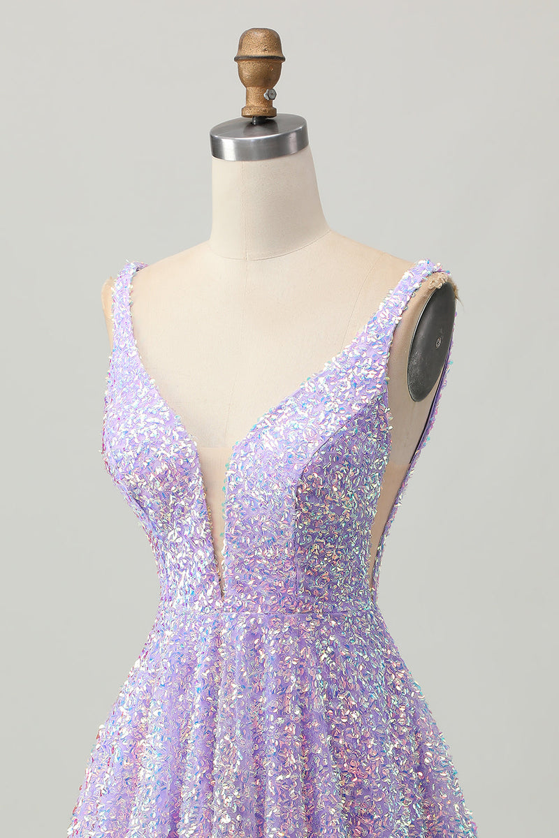 Load image into Gallery viewer, Sparkly Lilac V-Neck Sequin Short Prom Dress