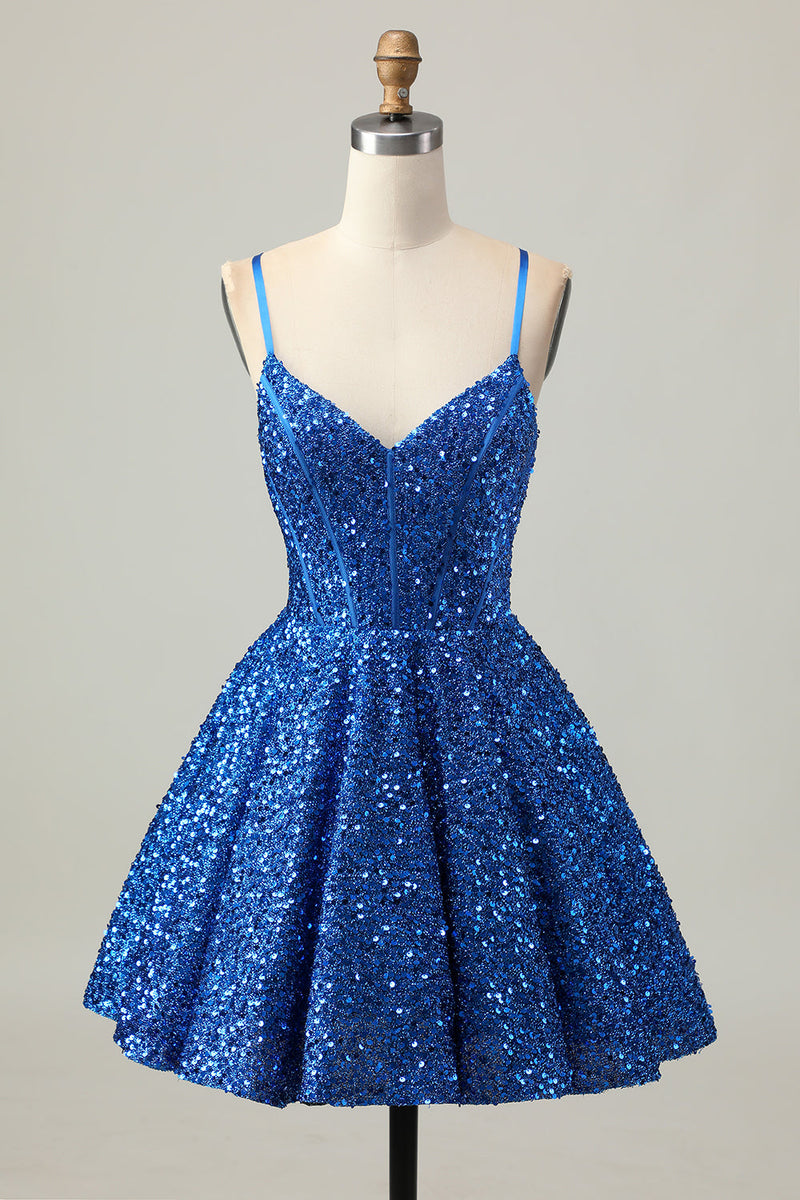 Load image into Gallery viewer, Sparkly Dark Blue Sequin A Line Short Corset Prom Dress