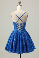 Load image into Gallery viewer, Sparkly Dark Blue Sequin A Line Short Corset Prom Dress