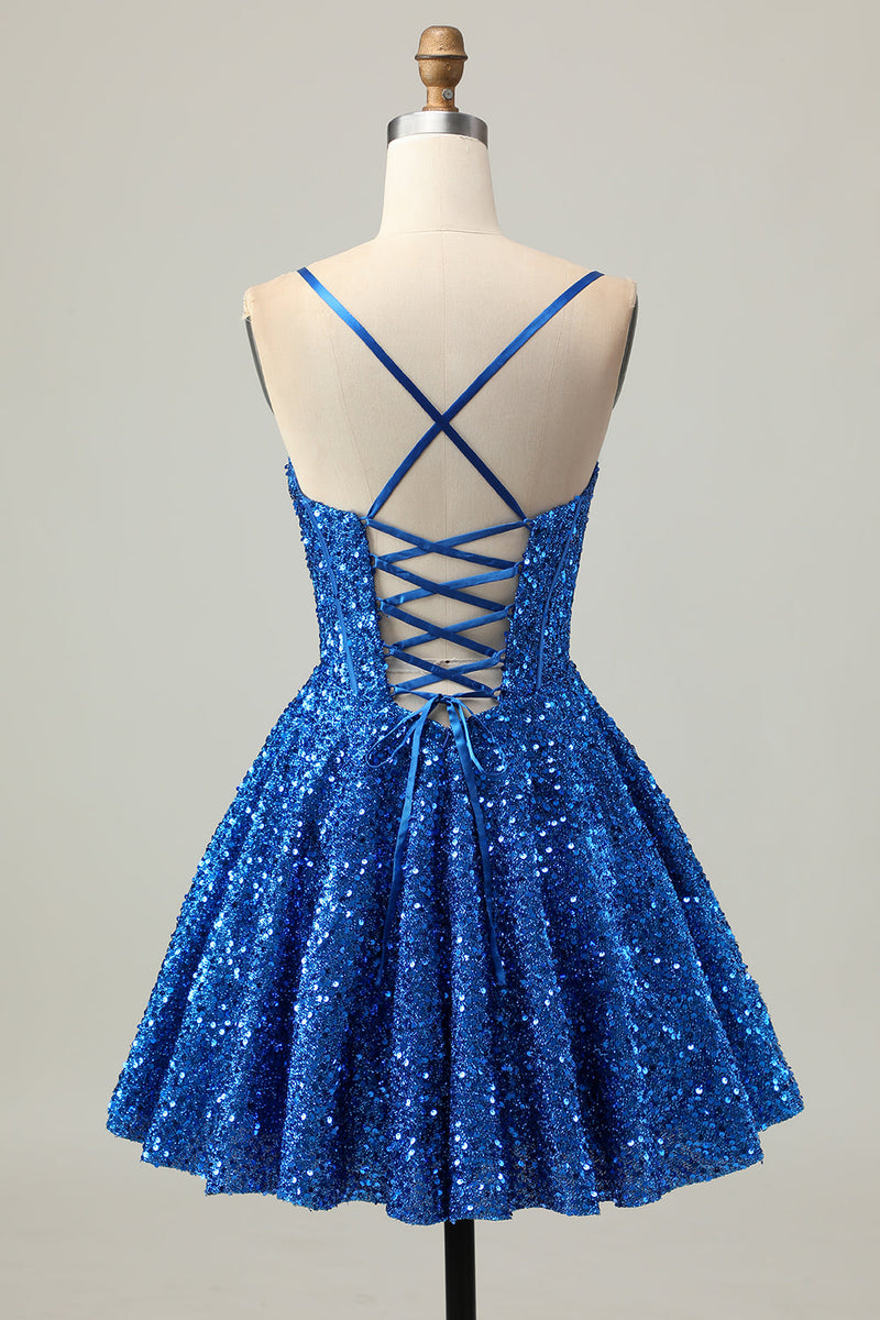 Load image into Gallery viewer, Sparkly Dark Blue Sequin A Line Short Corset Prom Dress
