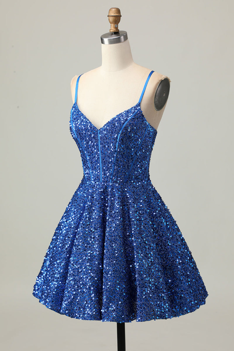 Load image into Gallery viewer, Sparkly Dark Blue Sequin A Line Short Corset Prom Dress