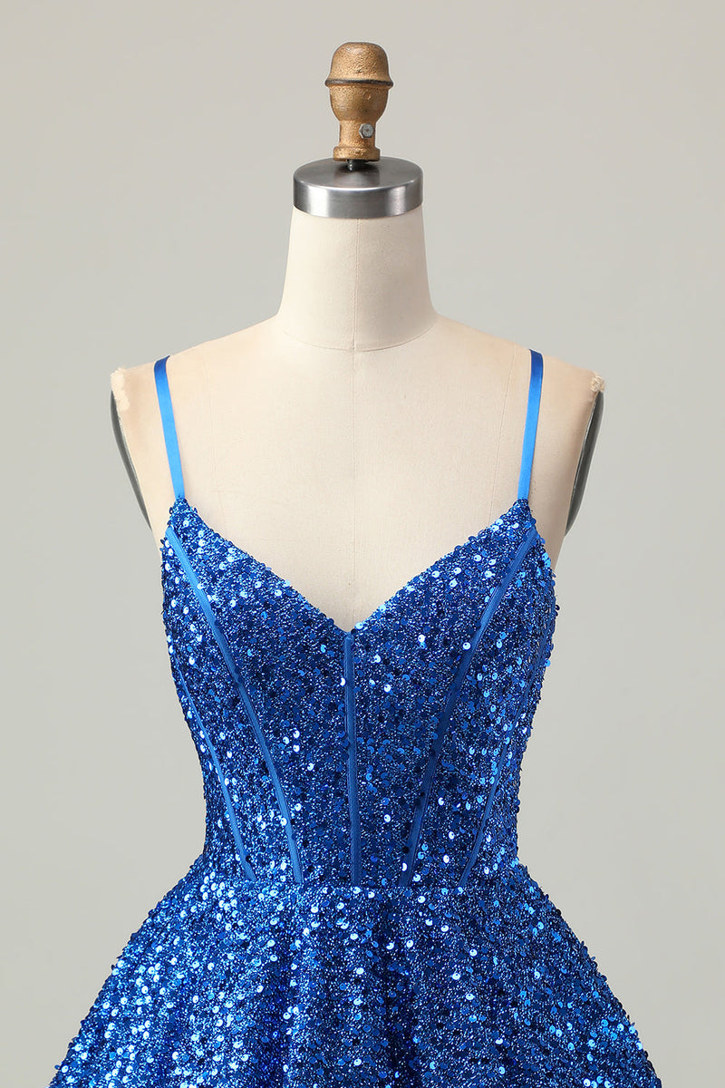 Load image into Gallery viewer, Sparkly Dark Blue Sequin A Line Short Corset Prom Dress