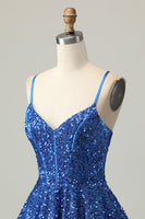 Load image into Gallery viewer, Sparkly Dark Blue Sequin A Line Short Corset Prom Dress