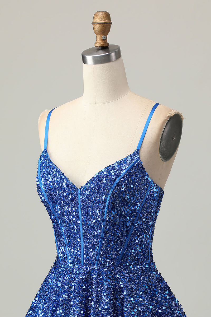 Load image into Gallery viewer, Sparkly Dark Blue Sequin A Line Short Corset Prom Dress