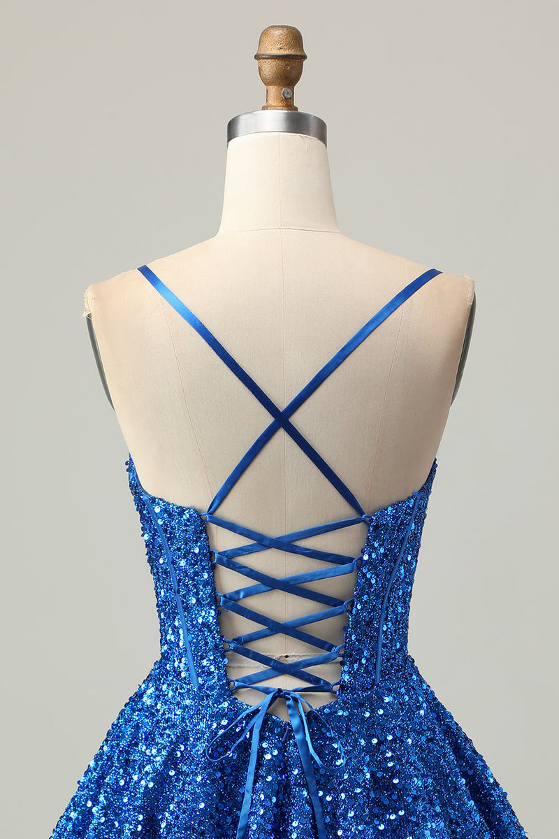 Load image into Gallery viewer, Sparkly Dark Blue Sequin A Line Short Corset Prom Dress