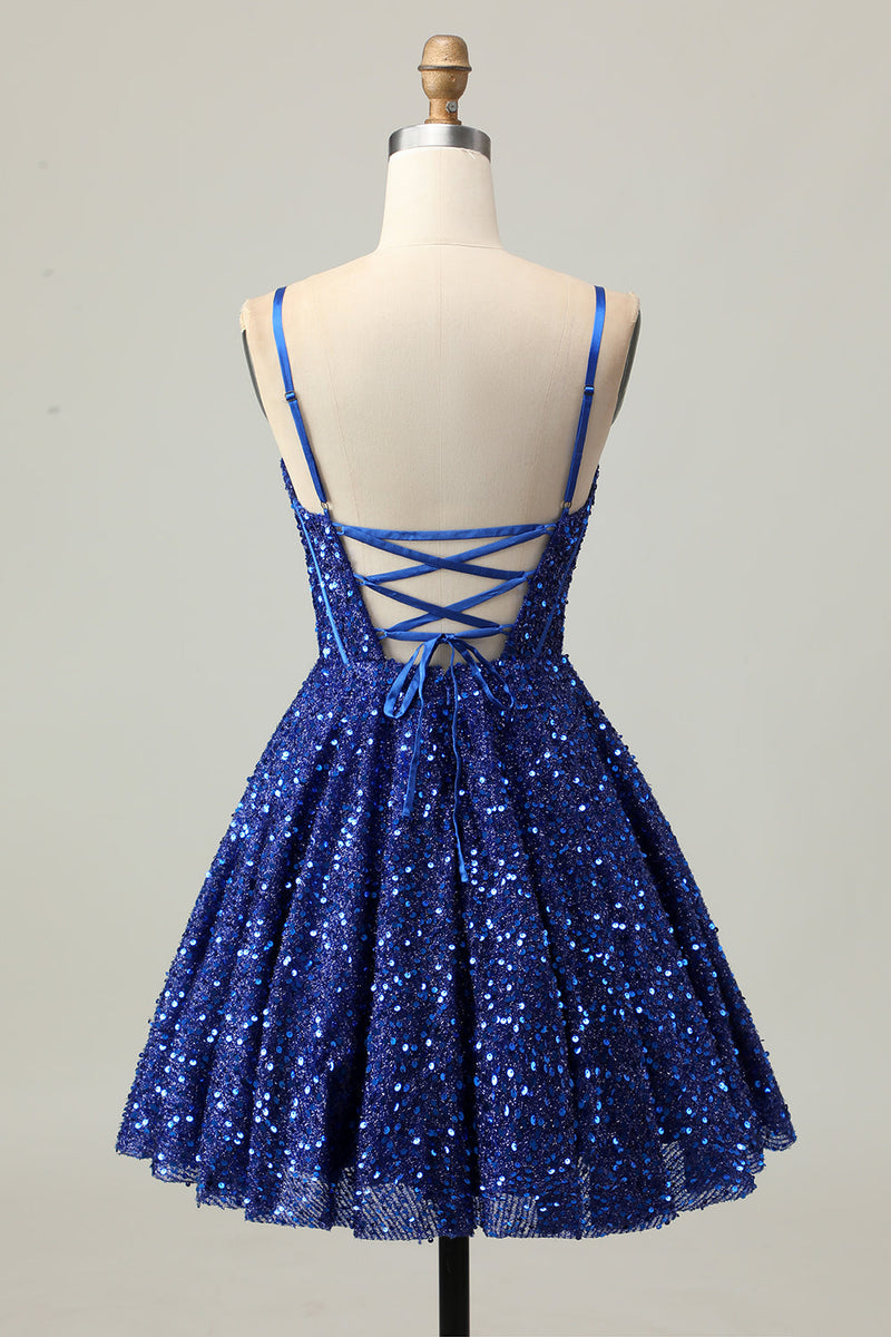 Load image into Gallery viewer, Sparkly Dark Blue Corset Sequin A Line Short Prom Dress