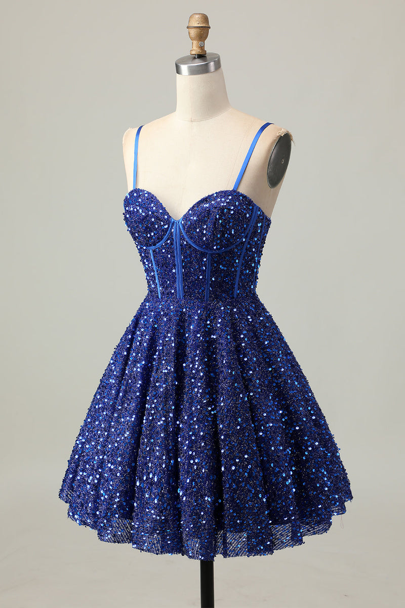 Load image into Gallery viewer, Sparkly Dark Blue Corset Sequin A Line Short Prom Dress