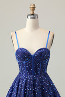 Load image into Gallery viewer, Sparkly Dark Blue Corset Sequin A Line Short Prom Dress