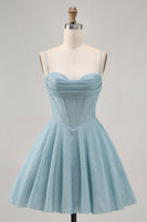 Load image into Gallery viewer, Grey Blue A Line Corset Spaghetti Straps Short Prom Dress