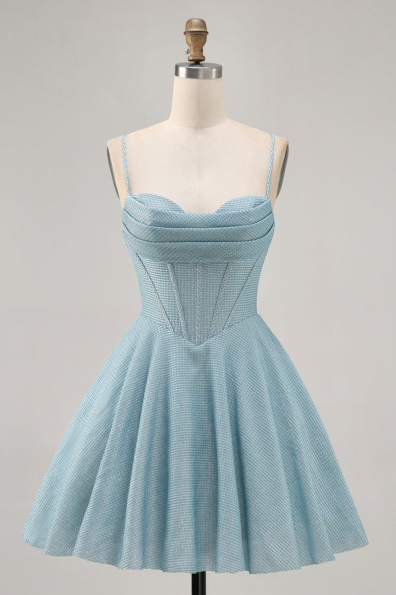 Load image into Gallery viewer, Grey Blue A Line Corset Spaghetti Straps Short Prom Dress