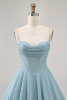 Load image into Gallery viewer, Grey Blue A Line Corset Spaghetti Straps Short Prom Dress