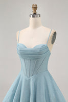 Load image into Gallery viewer, Grey Blue A Line Corset Spaghetti Straps Short Prom Dress