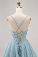 Load image into Gallery viewer, Grey Blue A Line Corset Spaghetti Straps Short Prom Dress