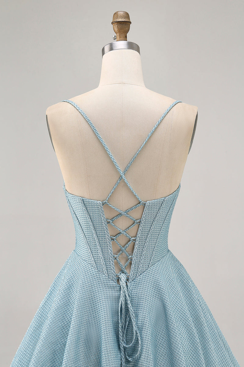 Load image into Gallery viewer, Grey Blue A Line Corset Spaghetti Straps Short Prom Dress