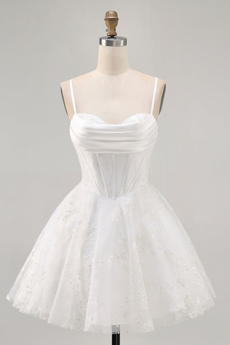 Load image into Gallery viewer, White Spaghetti Straps Corset Short Prom Dress with Lace
