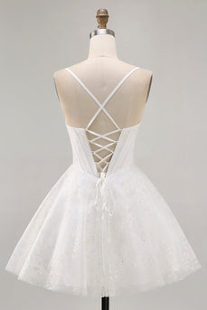White Spaghetti Straps Corset Short Prom Dress with Lace