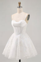 Load image into Gallery viewer, White Spaghetti Straps Corset Short Prom Dress with Lace