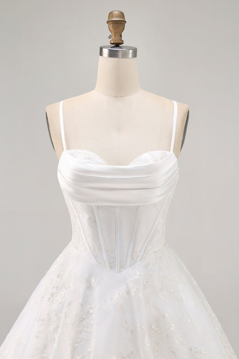 Load image into Gallery viewer, White Spaghetti Straps Corset Short Prom Dress with Lace