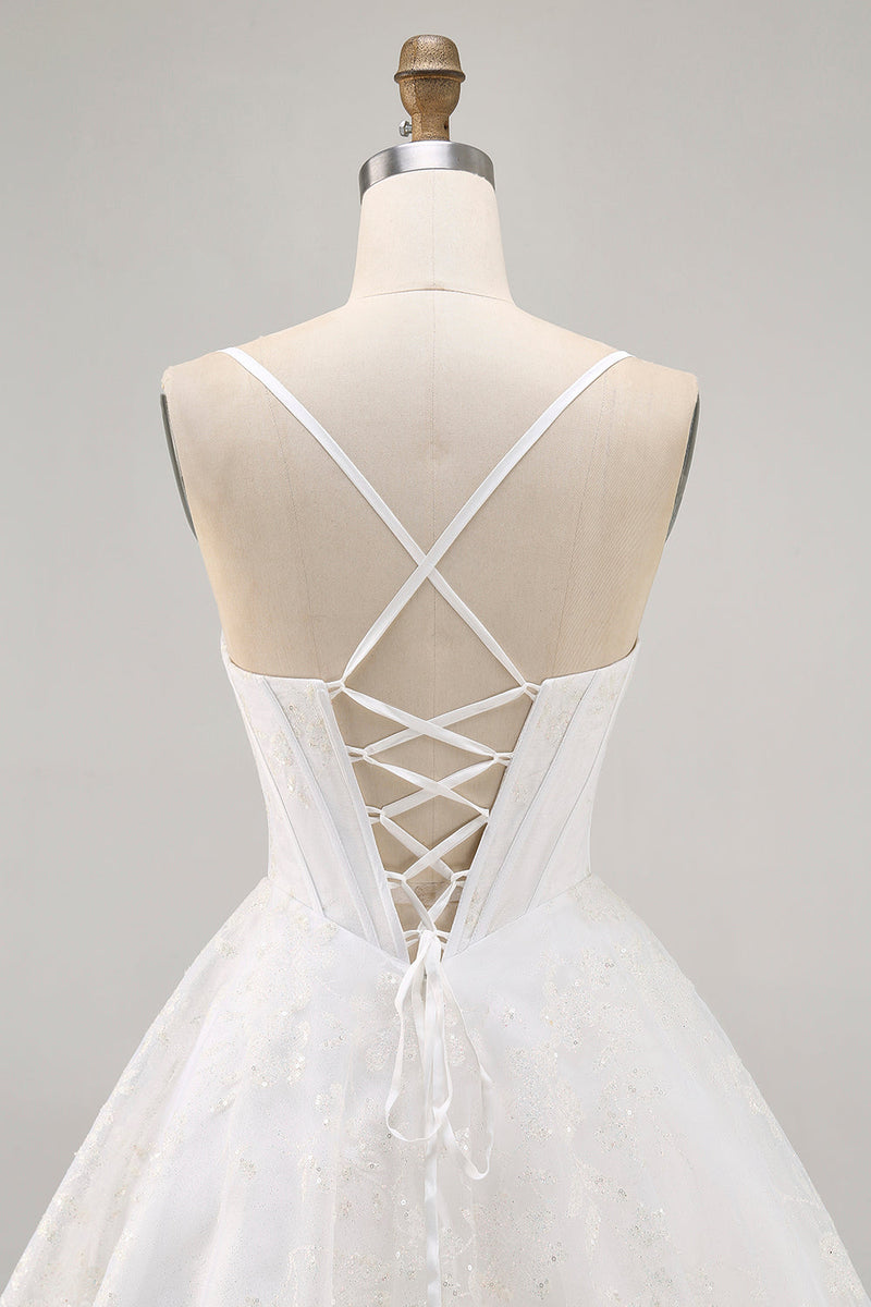 Load image into Gallery viewer, White Spaghetti Straps Corset Short Prom Dress with Lace