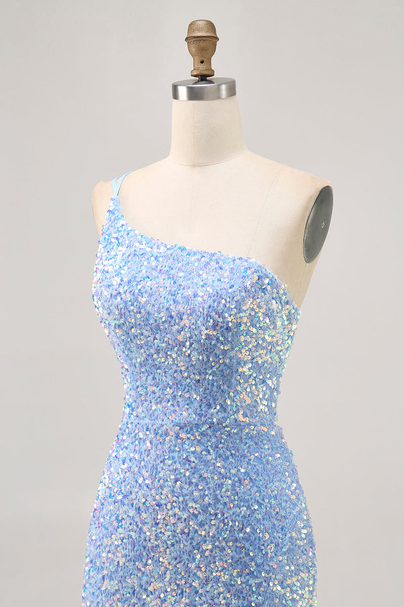 Load image into Gallery viewer, Sparkly Blue One Shoulder Sequins Short Prom Dress