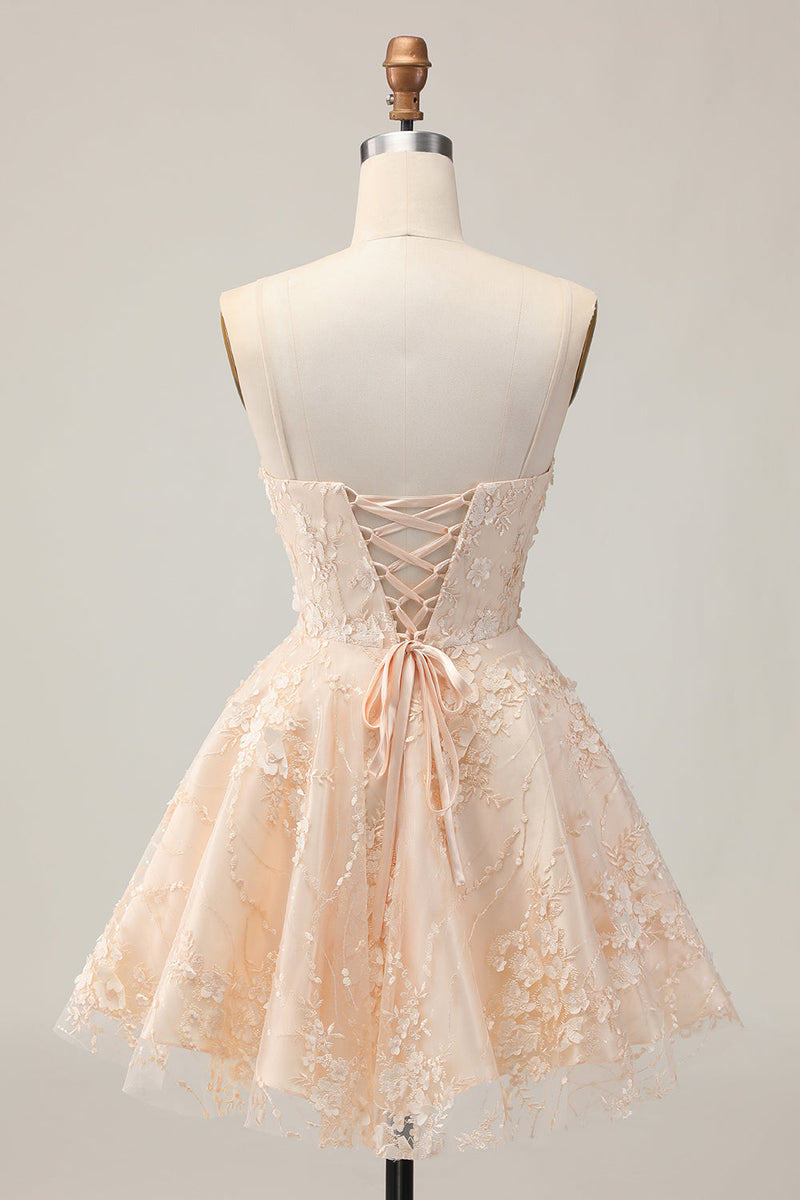 Load image into Gallery viewer, Apricot A Line Floral Spaghetti Straps Short Prom Dress