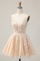 Load image into Gallery viewer, Apricot A Line Floral Spaghetti Straps Short Prom Dress