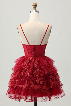 Sparkly Dark Red A Line Corset Short Tiered Prom Dress with Lace