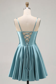 Grey Green Satin A Line Ruched Short Corset Prom Dress