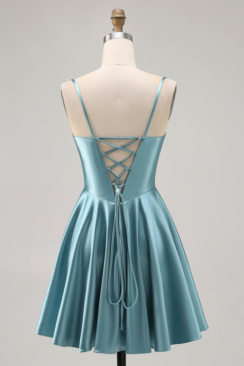 Load image into Gallery viewer, Grey Green Satin A Line Ruched Short Corset Prom Dress
