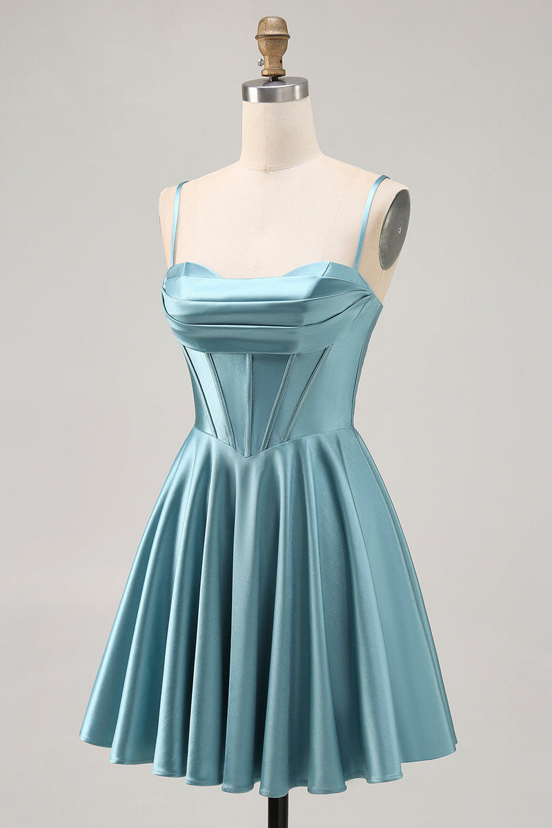 Load image into Gallery viewer, Grey Green Satin A Line Ruched Short Corset Prom Dress