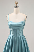 Load image into Gallery viewer, Grey Green Satin A Line Ruched Short Corset Prom Dress