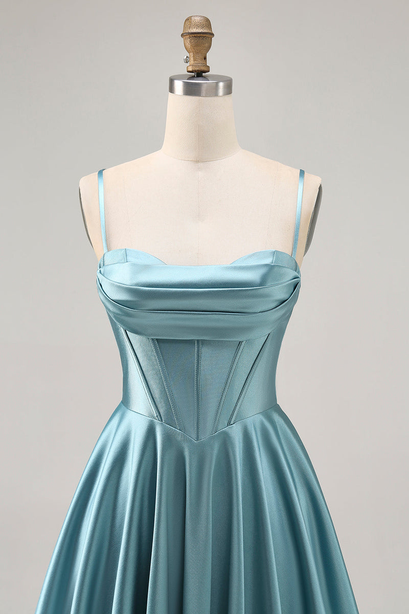 Load image into Gallery viewer, Grey Green Satin A Line Ruched Short Corset Prom Dress