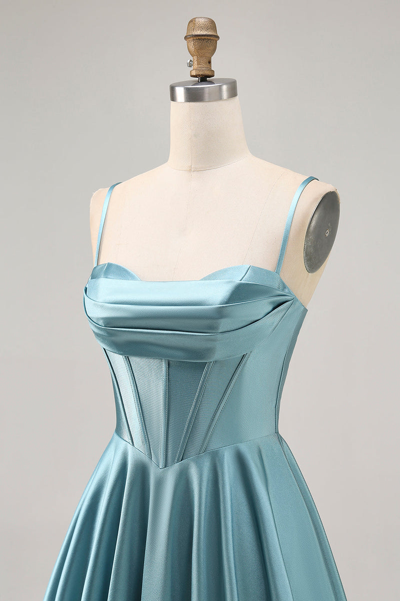 Load image into Gallery viewer, Grey Green Satin A Line Ruched Short Corset Prom Dress