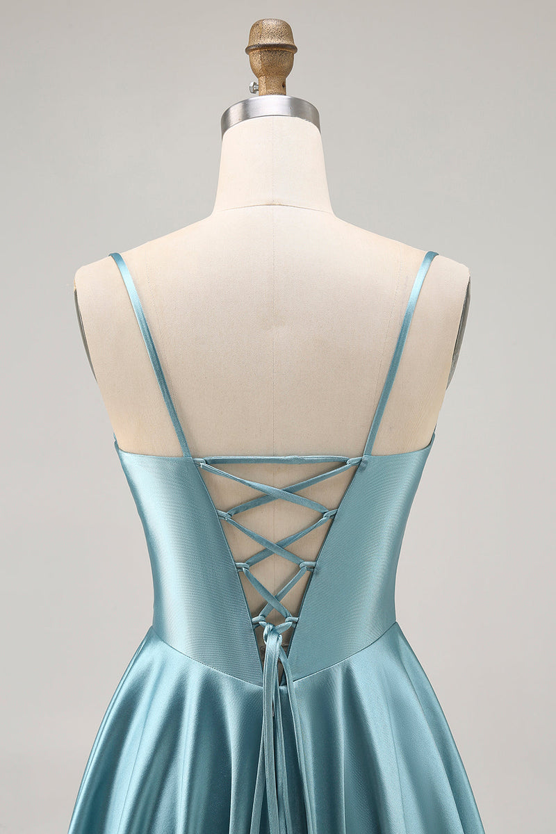 Load image into Gallery viewer, Grey Green Satin A Line Ruched Short Corset Prom Dress