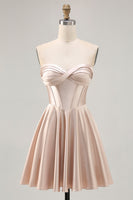 Load image into Gallery viewer, Champagne Sweetheart Satin Short Corset Prom Dress