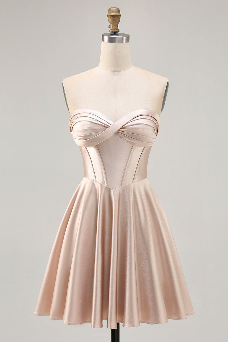 Load image into Gallery viewer, Champagne Sweetheart Satin Short Corset Prom Dress