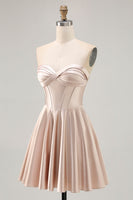Load image into Gallery viewer, Champagne Sweetheart Satin Short Corset Prom Dress