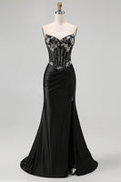 Load image into Gallery viewer, Sparkly Black Beaded Mermaid Corset Long Prom Dress with Slit
