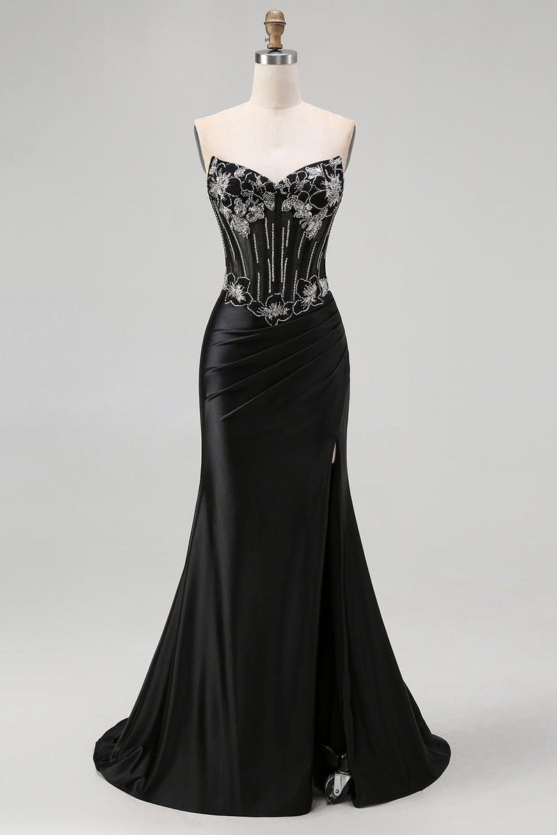 Load image into Gallery viewer, Sparkly Black Beaded Mermaid Corset Long Prom Dress with Slit