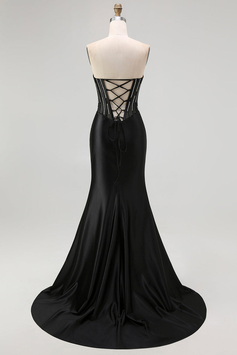 Load image into Gallery viewer, Sparkly Black Beaded Mermaid Corset Long Prom Dress with Slit