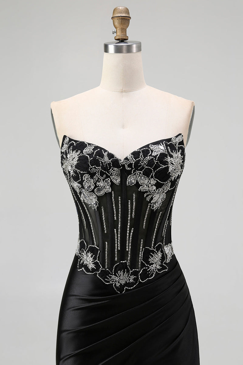 Load image into Gallery viewer, Sparkly Black Beaded Mermaid Corset Long Prom Dress with Slit