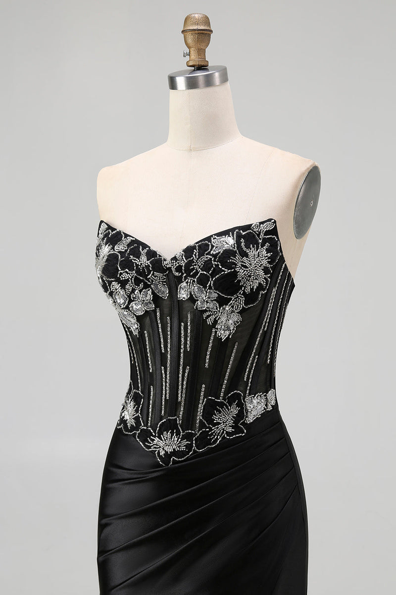 Load image into Gallery viewer, Sparkly Black Beaded Mermaid Corset Long Prom Dress with Slit