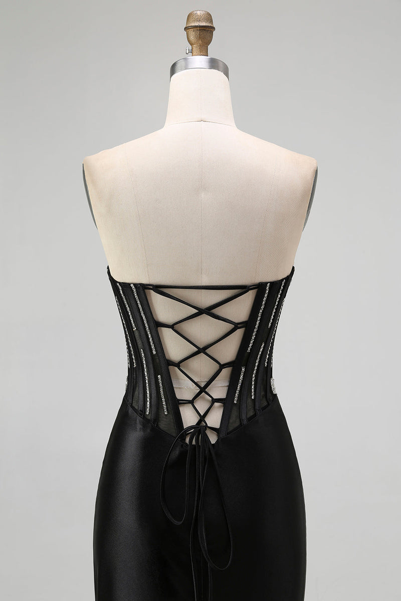 Load image into Gallery viewer, Sparkly Black Beaded Mermaid Corset Long Prom Dress with Slit