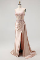 Load image into Gallery viewer, Sparkly Champagne Mermaid Satin Spaghetti Straps Long Prom Dress with Beading