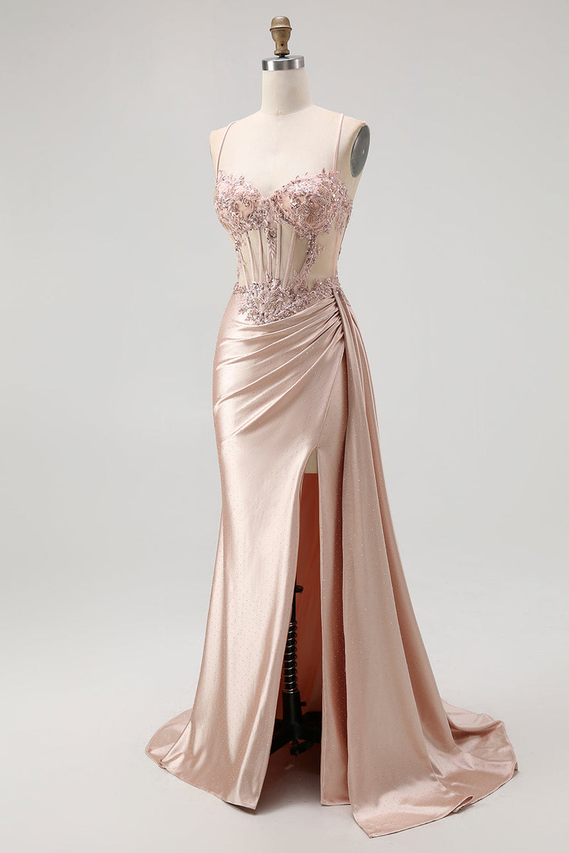 Load image into Gallery viewer, Sparkly Champagne Mermaid Satin Spaghetti Straps Long Prom Dress with Beading