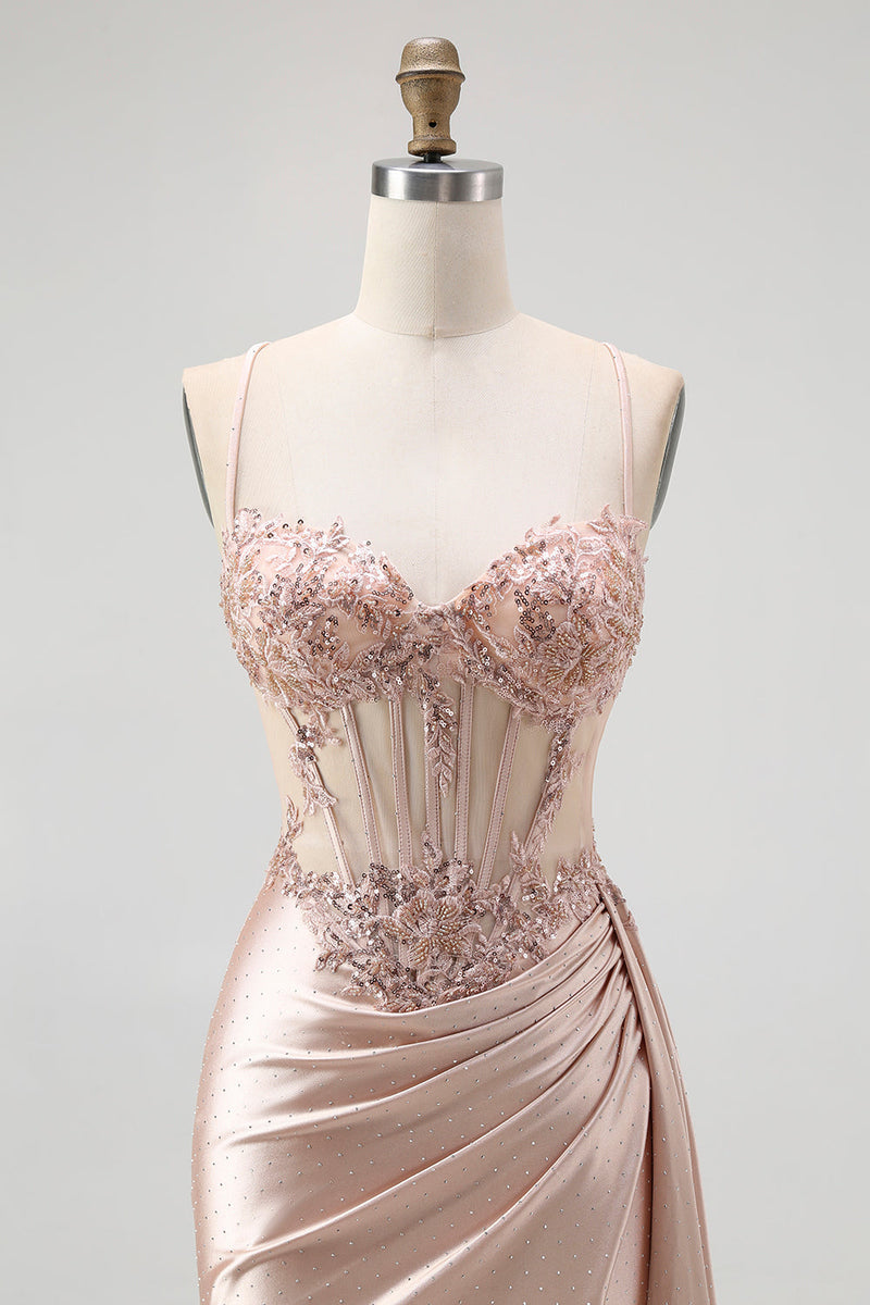 Load image into Gallery viewer, Sparkly Champagne Mermaid Satin Spaghetti Straps Long Prom Dress with Beading